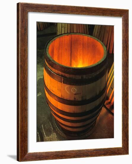 Toasting a New Oak Wine Barrel at the Demptos Cooperage, Napa Valley, California, USA-John Alves-Framed Photographic Print