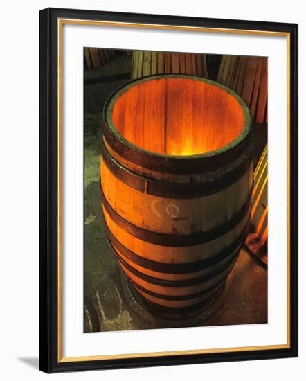 Toasting a New Oak Wine Barrel at the Demptos Cooperage, Napa Valley, California, USA-John Alves-Framed Photographic Print