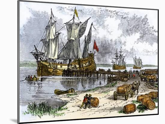 Tobacco Ships in the James River, Virginia Colony, 1600s-null-Mounted Giclee Print