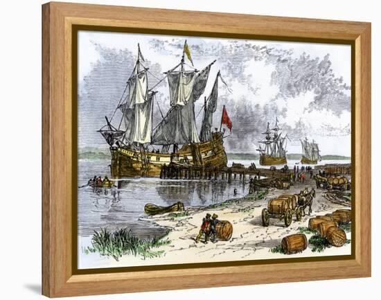 Tobacco Ships in the James River, Virginia Colony, 1600s-null-Framed Premier Image Canvas