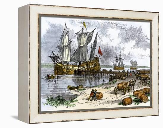 Tobacco Ships in the James River, Virginia Colony, 1600s-null-Framed Premier Image Canvas