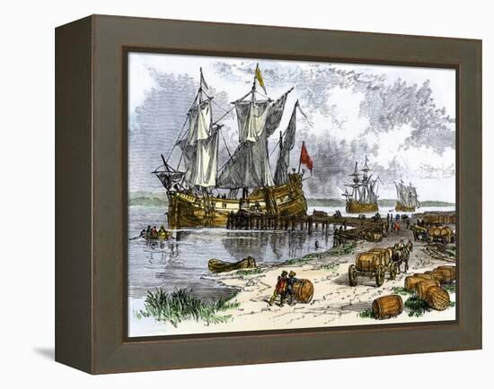 Tobacco Ships in the James River, Virginia Colony, 1600s-null-Framed Premier Image Canvas