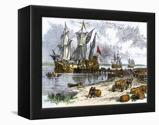 Tobacco Ships in the James River, Virginia Colony, 1600s-null-Framed Premier Image Canvas