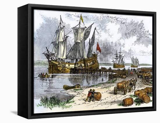 Tobacco Ships in the James River, Virginia Colony, 1600s-null-Framed Premier Image Canvas