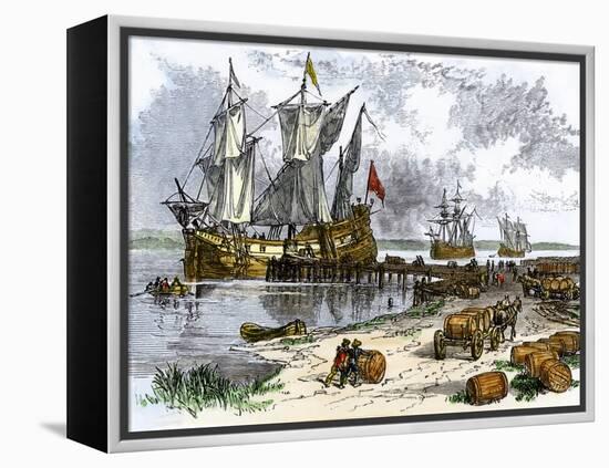 Tobacco Ships in the James River, Virginia Colony, 1600s-null-Framed Premier Image Canvas