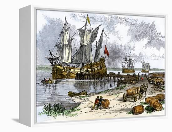 Tobacco Ships in the James River, Virginia Colony, 1600s-null-Framed Premier Image Canvas