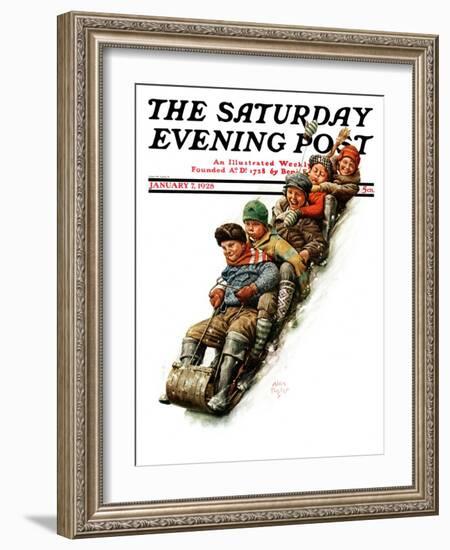 "Tobogganing," Saturday Evening Post Cover, January 7, 1928-Alan Foster-Framed Giclee Print
