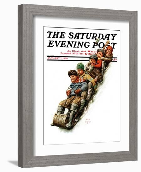 "Tobogganing," Saturday Evening Post Cover, January 7, 1928-Alan Foster-Framed Giclee Print