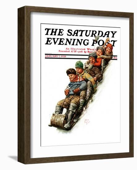 "Tobogganing," Saturday Evening Post Cover, January 7, 1928-Alan Foster-Framed Giclee Print