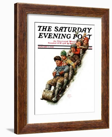 "Tobogganing," Saturday Evening Post Cover, January 7, 1928-Alan Foster-Framed Giclee Print