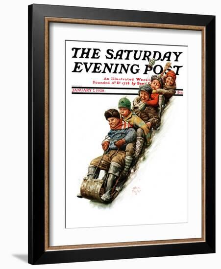 "Tobogganing," Saturday Evening Post Cover, January 7, 1928-Alan Foster-Framed Giclee Print