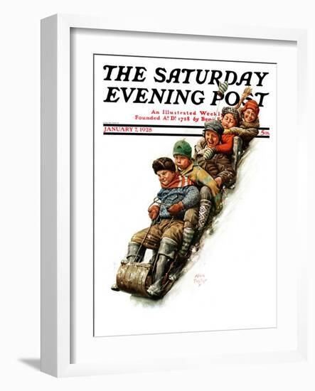 "Tobogganing," Saturday Evening Post Cover, January 7, 1928-Alan Foster-Framed Giclee Print