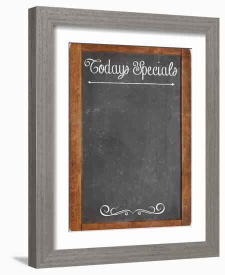 Today Specials - White Chalk Menu Sign on a Vintage Slate Blackboard-PixelsAway-Framed Art Print