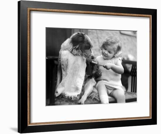 Toddler Trying to Brush Dog's Teeth-null-Framed Premium Photographic Print