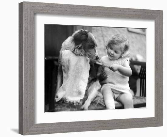 Toddler Trying to Brush Dog's Teeth-null-Framed Photographic Print