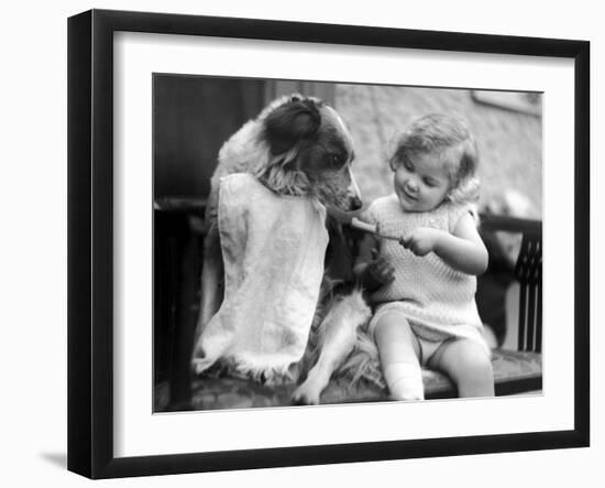 Toddler Trying to Brush Dog's Teeth--Framed Photographic Print