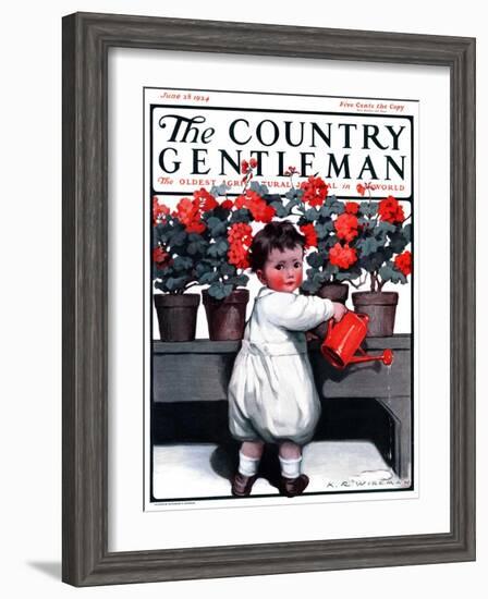 "Toddler Watering Geraniums," Country Gentleman Cover, June 28, 1924-Katherine R. Wireman-Framed Premium Giclee Print