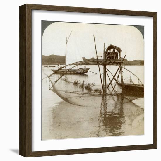 Toiler of the Sea, with His Curious Fishing Net, Bay of Matsushima, Japan, 1904-Underwood & Underwood-Framed Photographic Print