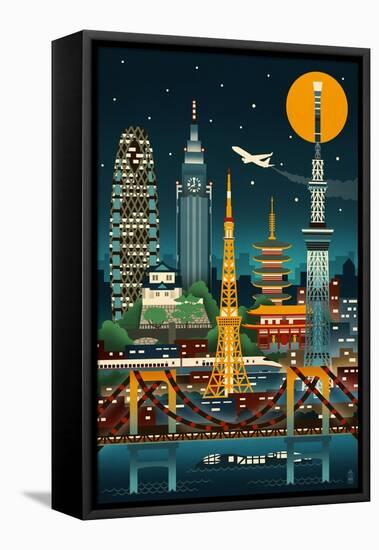 Tokyo, Japan - Retro Skyline (no text)-Lantern Press-Framed Stretched Canvas