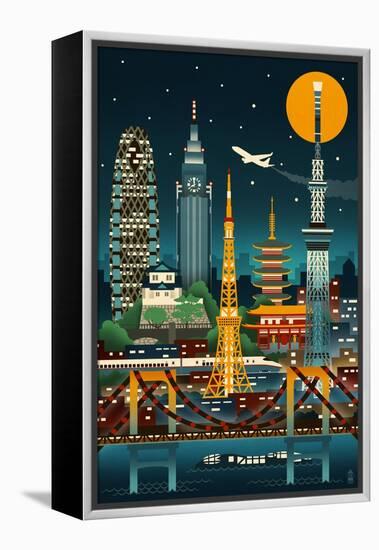 Tokyo, Japan - Retro Skyline (no text)-Lantern Press-Framed Stretched Canvas