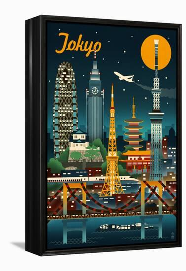 Tokyo, Japan - Retro Skyline-Lantern Press-Framed Stretched Canvas