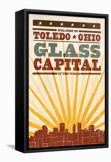 Toledo, Ohio - Skyline and Sunburst Screenprint Style-Lantern Press-Framed Stretched Canvas