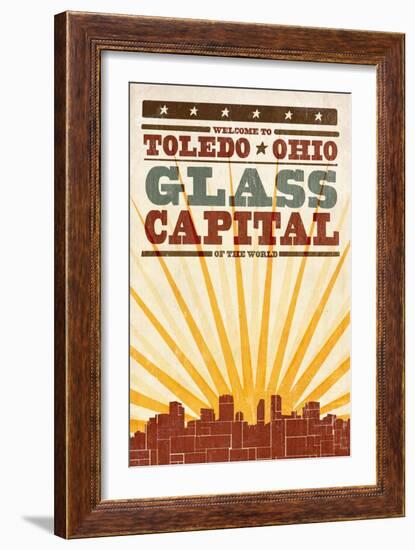 Toledo, Ohio - Skyline and Sunburst Screenprint Style-Lantern Press-Framed Art Print