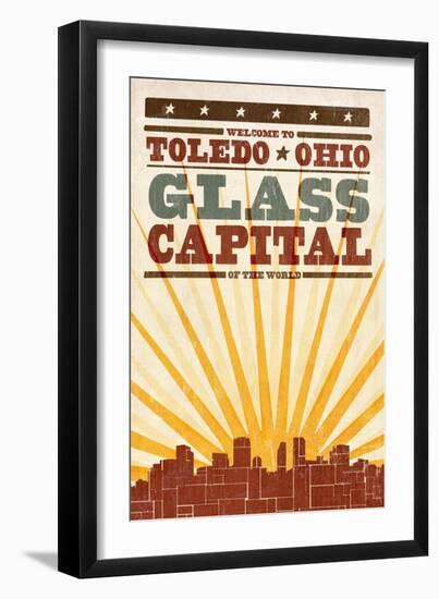 Toledo, Ohio - Skyline and Sunburst Screenprint Style-Lantern Press-Framed Art Print