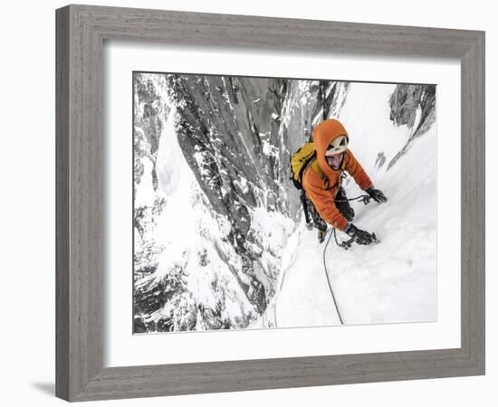 Tom Grant Arriving in the Upper Couloir Nord Des Drus, Chamonix, France-Ben Tibbetts-Framed Photographic Print