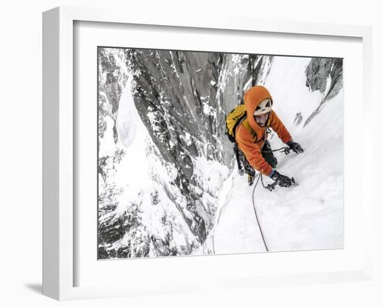 Tom Grant Arriving in the Upper Couloir Nord Des Drus, Chamonix, France-Ben Tibbetts-Framed Photographic Print