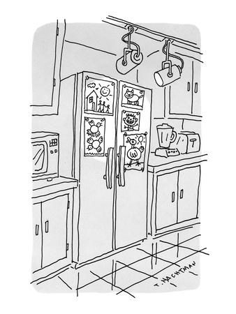 Refrigerator, covered with kids' drawings, has special track lighting. - New Yorker Cartoon' Premium Giclee Print - Tom Hachtman Refrigerator, covered with kids' drawings, has special track lighting. - New Yorker Cartoon' Premium Giclee Print - Tom Hachtman