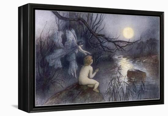 Tom Sits Upon a Rock Watching the Moonlight on the Rippling River-Warwick Goble-Framed Stretched Canvas