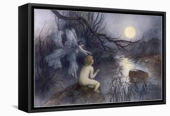 Tom Sits Upon a Rock Watching the Moonlight on the Rippling River-Warwick Goble-Framed Stretched Canvas