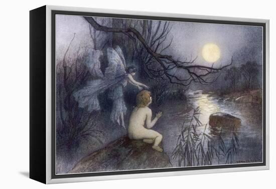 Tom Sits Upon a Rock Watching the Moonlight on the Rippling River-Warwick Goble-Framed Stretched Canvas
