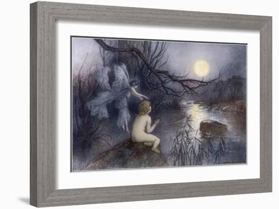 Tom Sits Upon a Rock Watching the Moonlight on the Rippling River-Warwick Goble-Framed Art Print