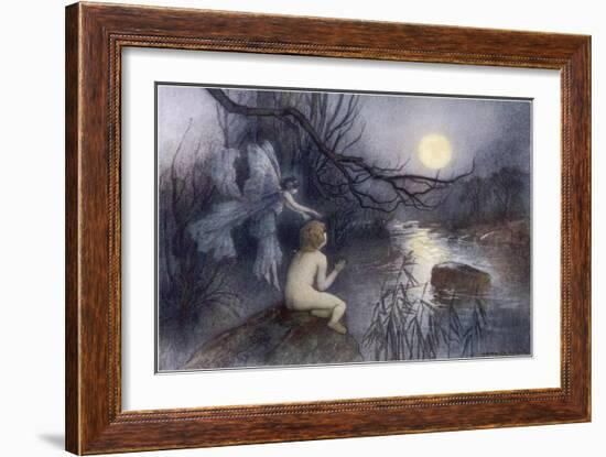 Tom Sits Upon a Rock Watching the Moonlight on the Rippling River-Warwick Goble-Framed Art Print