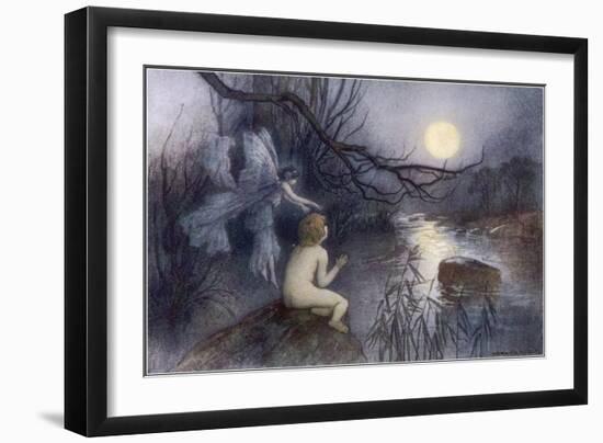 Tom Sits Upon a Rock Watching the Moonlight on the Rippling River-Warwick Goble-Framed Art Print