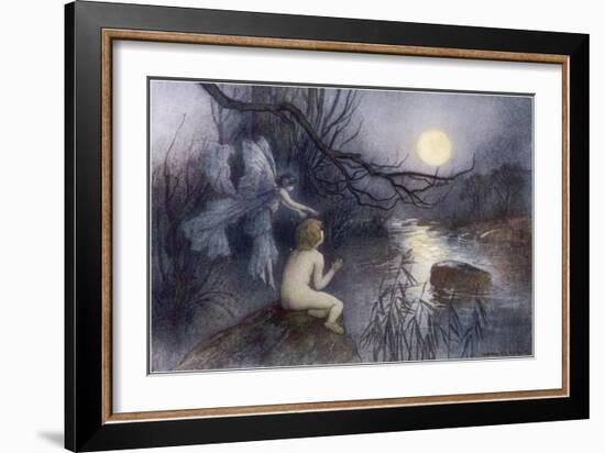 Tom Sits Upon a Rock Watching the Moonlight on the Rippling River-Warwick Goble-Framed Art Print