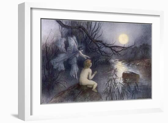 Tom Sits Upon a Rock Watching the Moonlight on the Rippling River-Warwick Goble-Framed Art Print