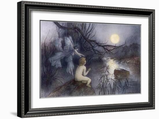 Tom Sits Upon a Rock Watching the Moonlight on the Rippling River-Warwick Goble-Framed Art Print