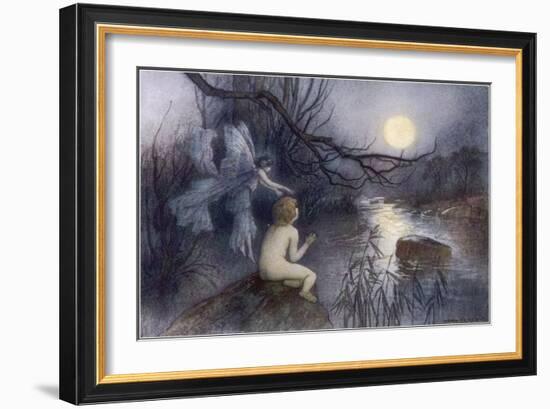 Tom Sits Upon a Rock Watching the Moonlight on the Rippling River-Warwick Goble-Framed Art Print