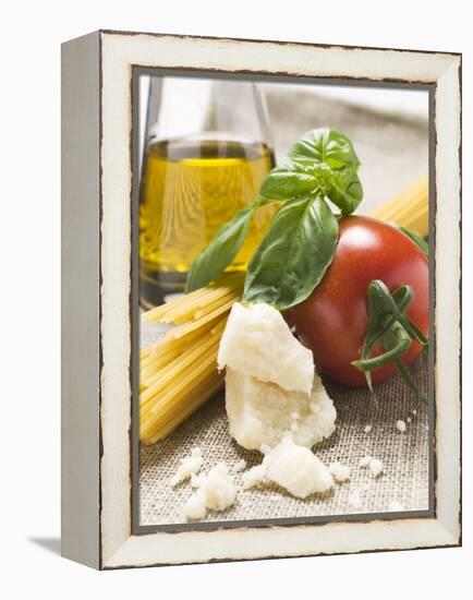 Tomato with Spaghetti, Parmesan, Basil and Olive Oil-null-Framed Premier Image Canvas