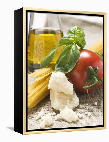 Tomato with Spaghetti, Parmesan, Basil and Olive Oil-null-Framed Premier Image Canvas