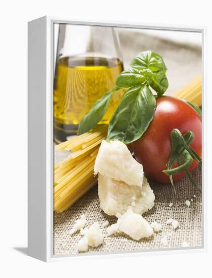 Tomato with Spaghetti, Parmesan, Basil and Olive Oil-null-Framed Premier Image Canvas