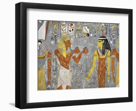 Tomb of Horemheb, Vestibule, Mural Paintings, Pharaoh Holds Votive Offerings Out to Hathor-Imentet-null-Framed Giclee Print