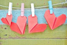 Paper Heart Hanging On The Clothesline. On Old Wood Background-tomgigabite-Mounted Art Print