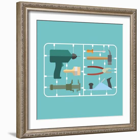 Tools Set. Plastic Model Kit. Drill and Hammer. Caliper and Pliers. Screwdriver and Brush. Planer A-popaukropa-Framed Art Print