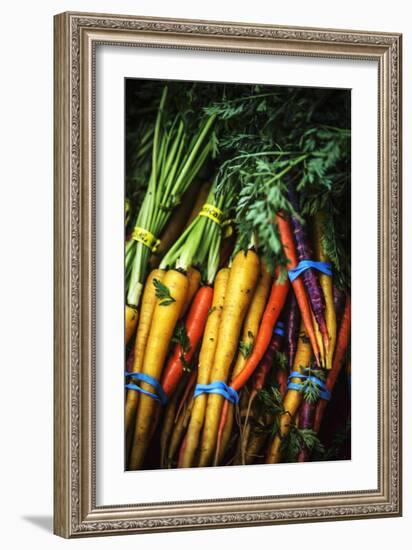 Top View Close Up Of A Bundle Of Fresh Carrots At A Farmers Market In Sonoma County-Ron Koeberer-Framed Photographic Print