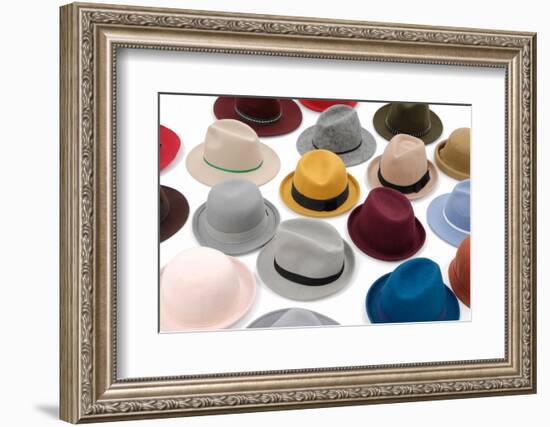 Top View Many Woman Hat on White Background-crystalfoto-Framed Photographic Print