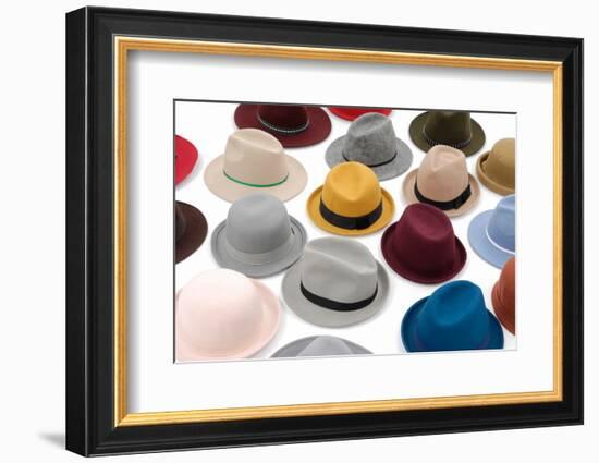Top View Many Woman Hat on White Background-crystalfoto-Framed Photographic Print